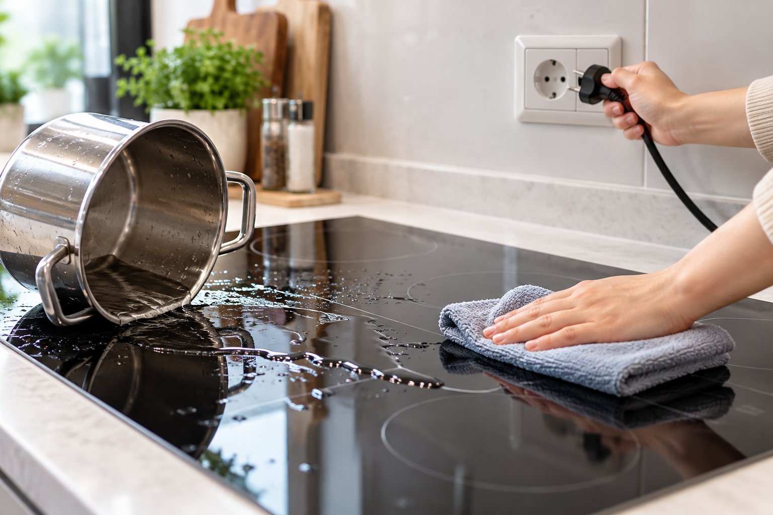 Nước tràn vào bếp từ: Ngắt điện và xử lý an toàn 1 Nước tràn vào bếp từ: Ngắt điện và xử lý an toàn